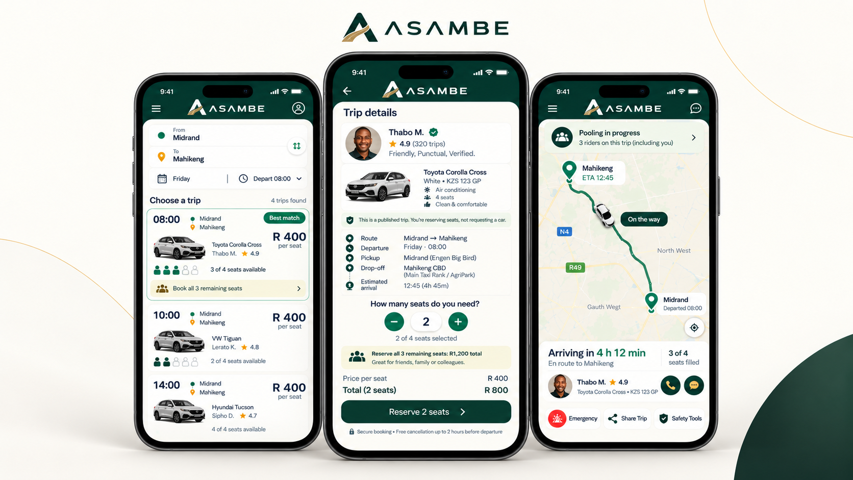 Asambe booking journey across three app screens: search rides, reserve seats and follow the shared ride live